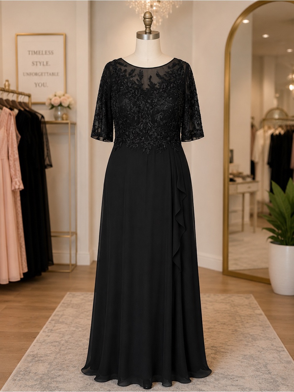 Elegant Black Lace A-Line Evening Dress, Size 3XL